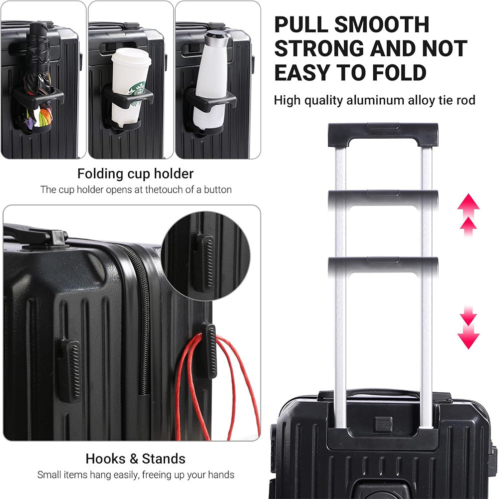Carry-On Suitcase with USB Charging & Cup Holder (Black)
