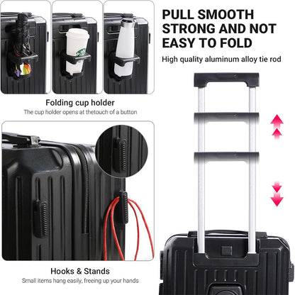 Carry-On Suitcase with USB Charging & Cup Holder (Black)