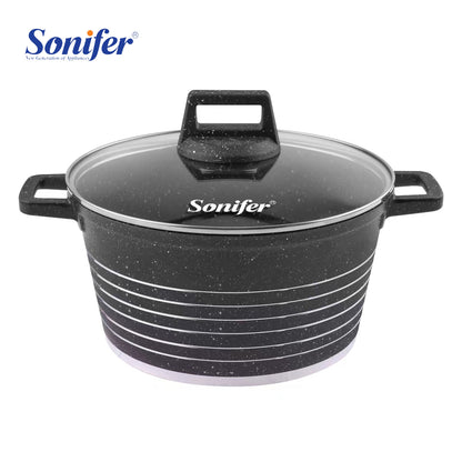 Sonifer 20/22/24/26/28/30/32/36cm Wear-Resistant Non-Stick Granite Casserole with Glass Lid SF-1172-Black