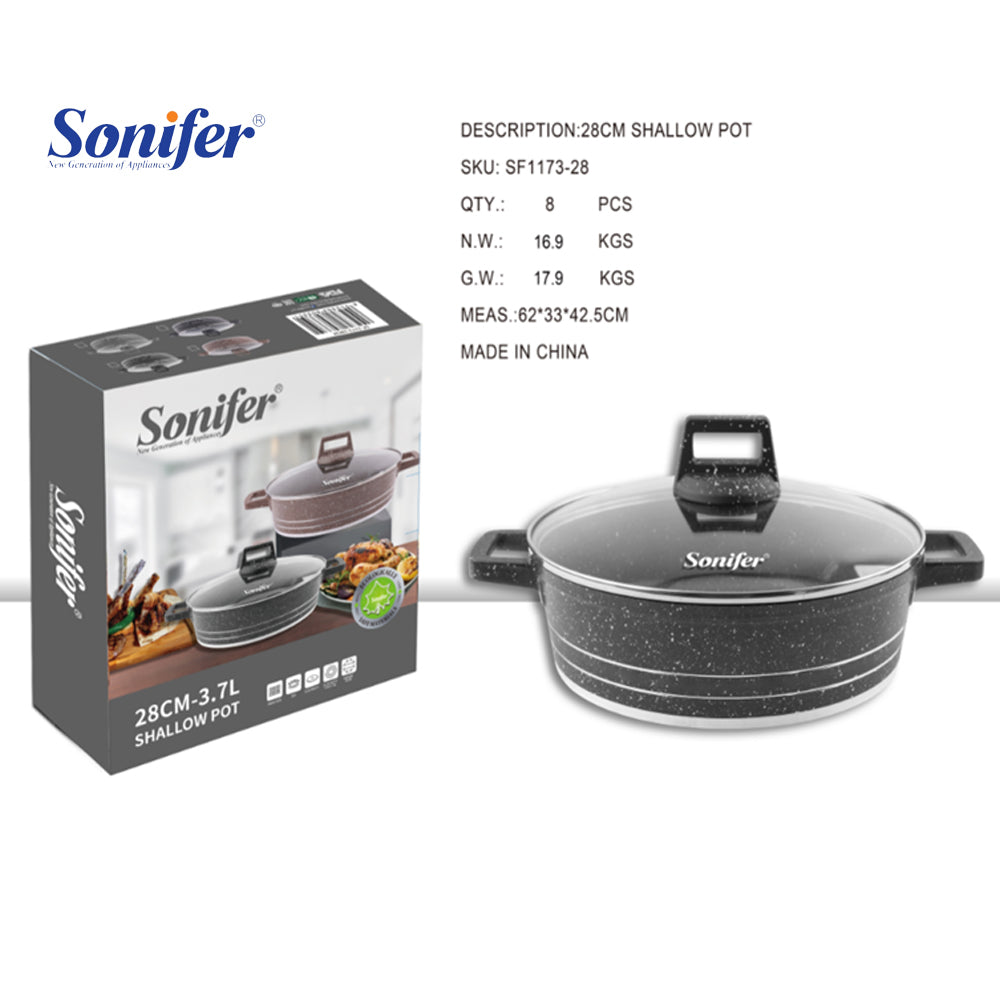 Sonifer 28/32/36/40cm Wear-Resistant Non-Stick Granite Shallow Pot with Glass Lid SF-1173 Black