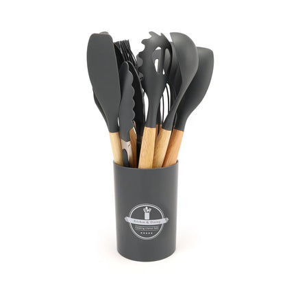 12-Pcs Silicone Cooking Utensils with Wooden Handle Set