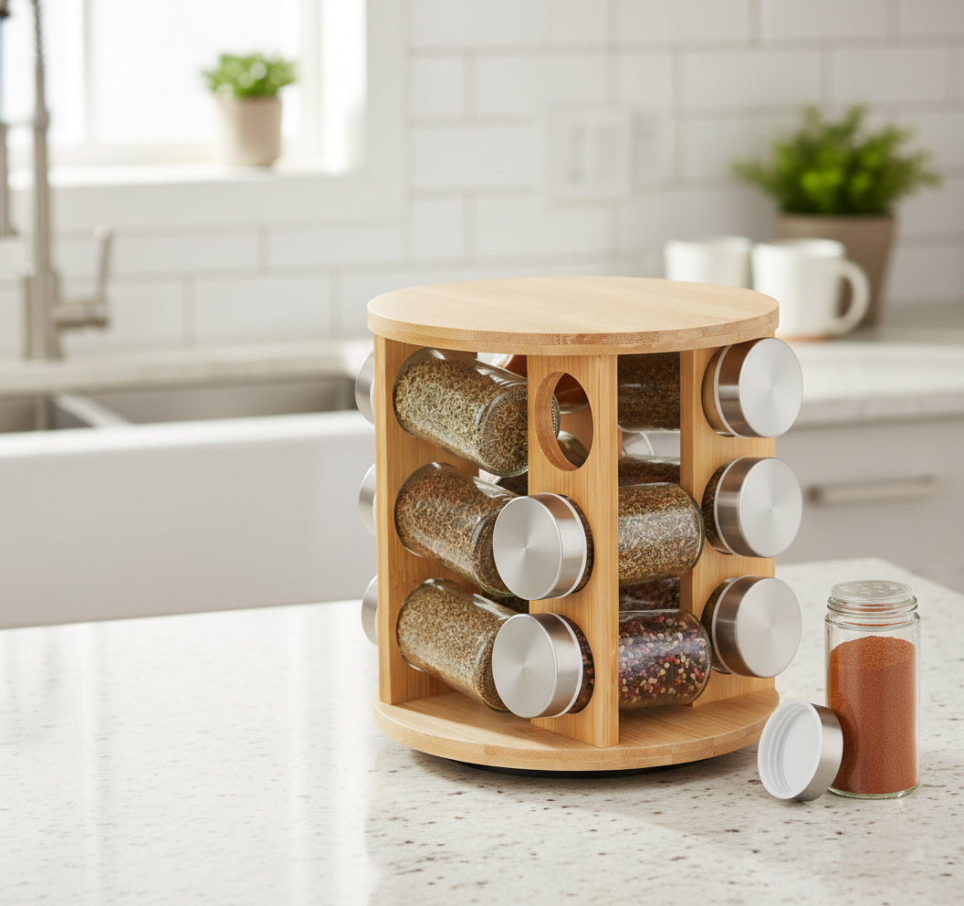 12-Glass Seasoning Jar with Rotatable Base Holder Set