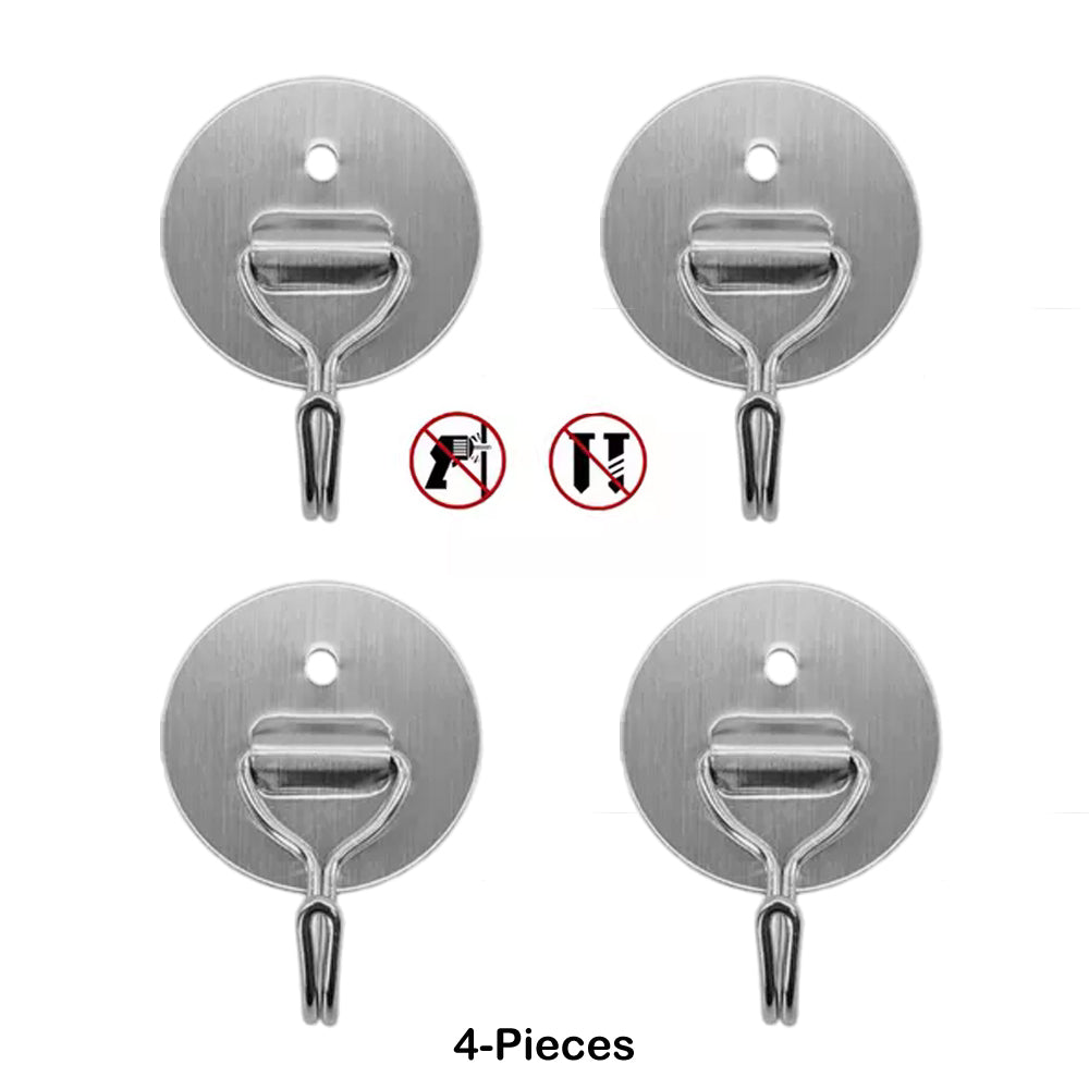4-Pieces No Drill Round Heavy Duty Stainless Steel Self Adhesive Hooks 1005-1