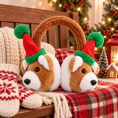 Winter Traditional Christmas Plush Dog Earmuffs – Brown, White, Red & Green