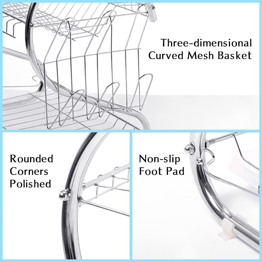 Binca Stainless Steel 2-Tier Metal Dish Drying Rack With Cutlery Holder & Drip Tray (L56 × W6 × H40)cm