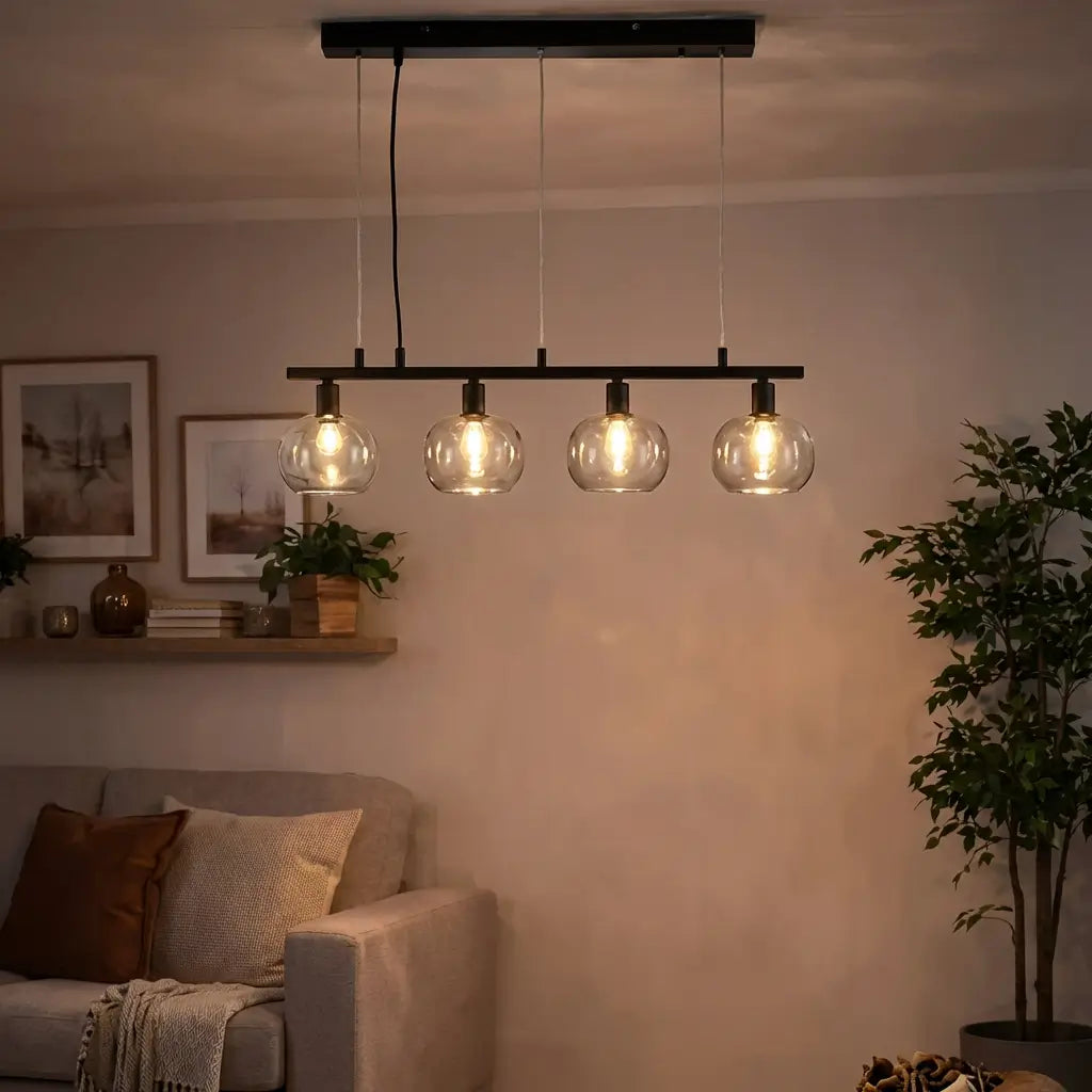 Nino Germany Ella 4-Light Pendant Lamp – Black Metal Hanging Light with Globe Glass Shades