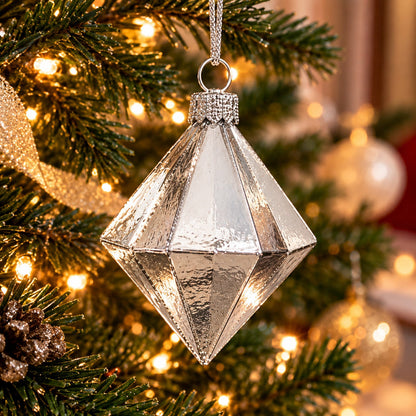Geometric Glass Diamond Christmas Hanging Ornament – Glossy Gold & Silver