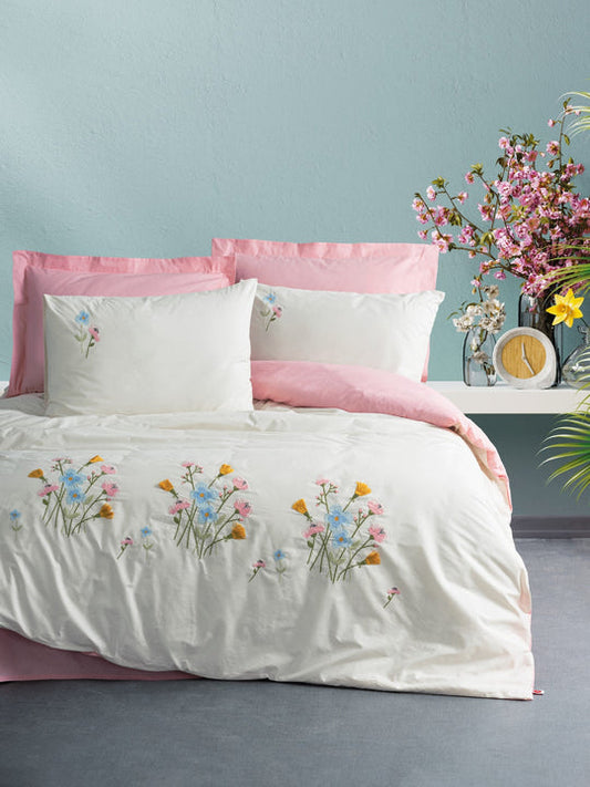 Embroidered Double Duvet Cover Set Delbin Pink