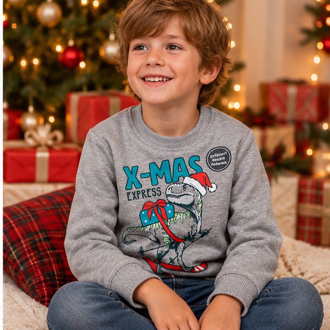 KIDS Christmas Express Fleece-Lined Dinosaur Christmas Sweatshirt – Grey