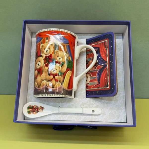 Vintage Ceramic Christmas Mug With Coaster & Spoon Bear Design Set