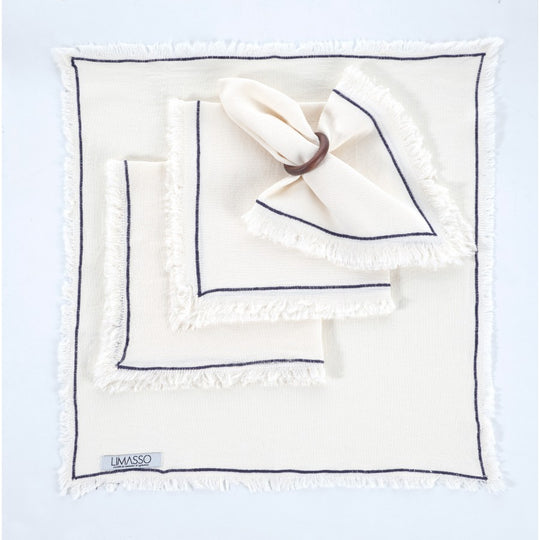 Likya Vintage Bias Embroidery Set of 4 Napkin - Cream/Indigo