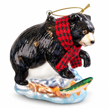 Alpine Lodge Hanging Glass Bear Christmas Ornament – Black Bear with Scarf