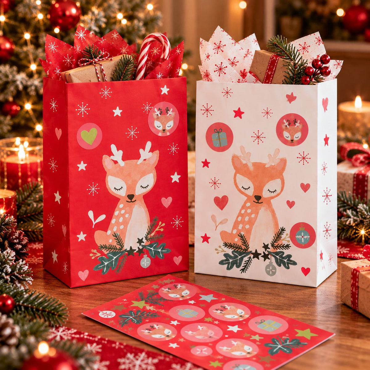 Migros Noël Christmas Reindeer Gift Bags with Decorative Stickers – Set of 6