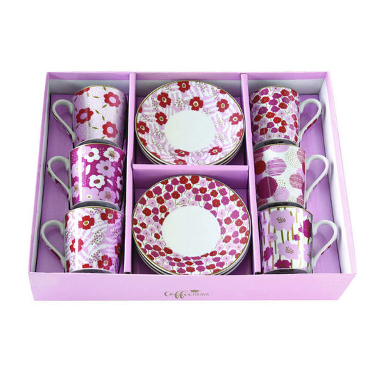 Easy Life Set 6 coffee cups & saucers 100ml in porcelain Flower Power Pink