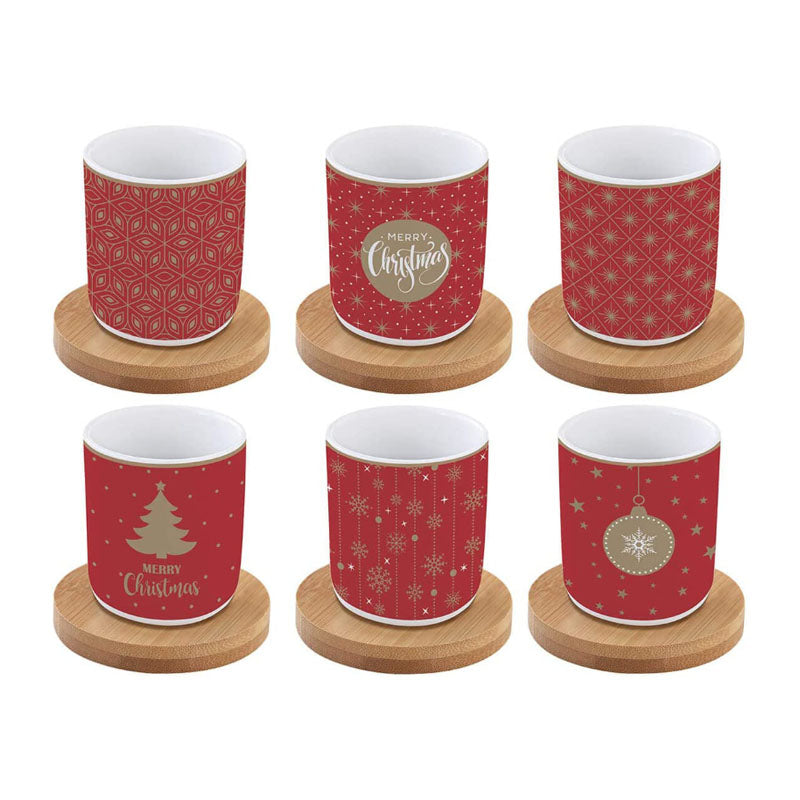 Easy Life Set 6 coffee cups in porcelain & bamboo saucers 110 ml Christmas