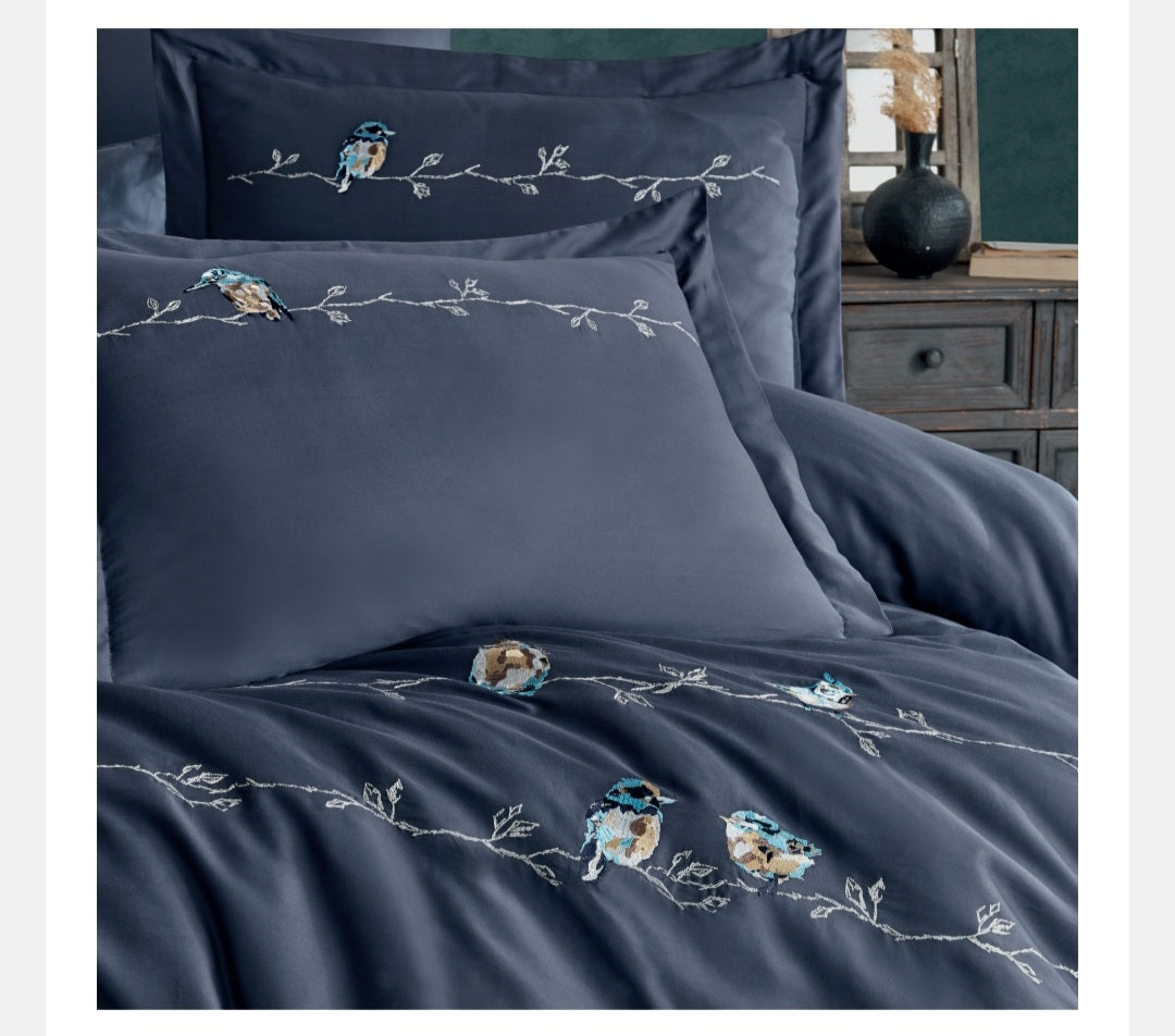 Vogel navy - Cotton Satin Embroidered Duvet Cover Set Double
