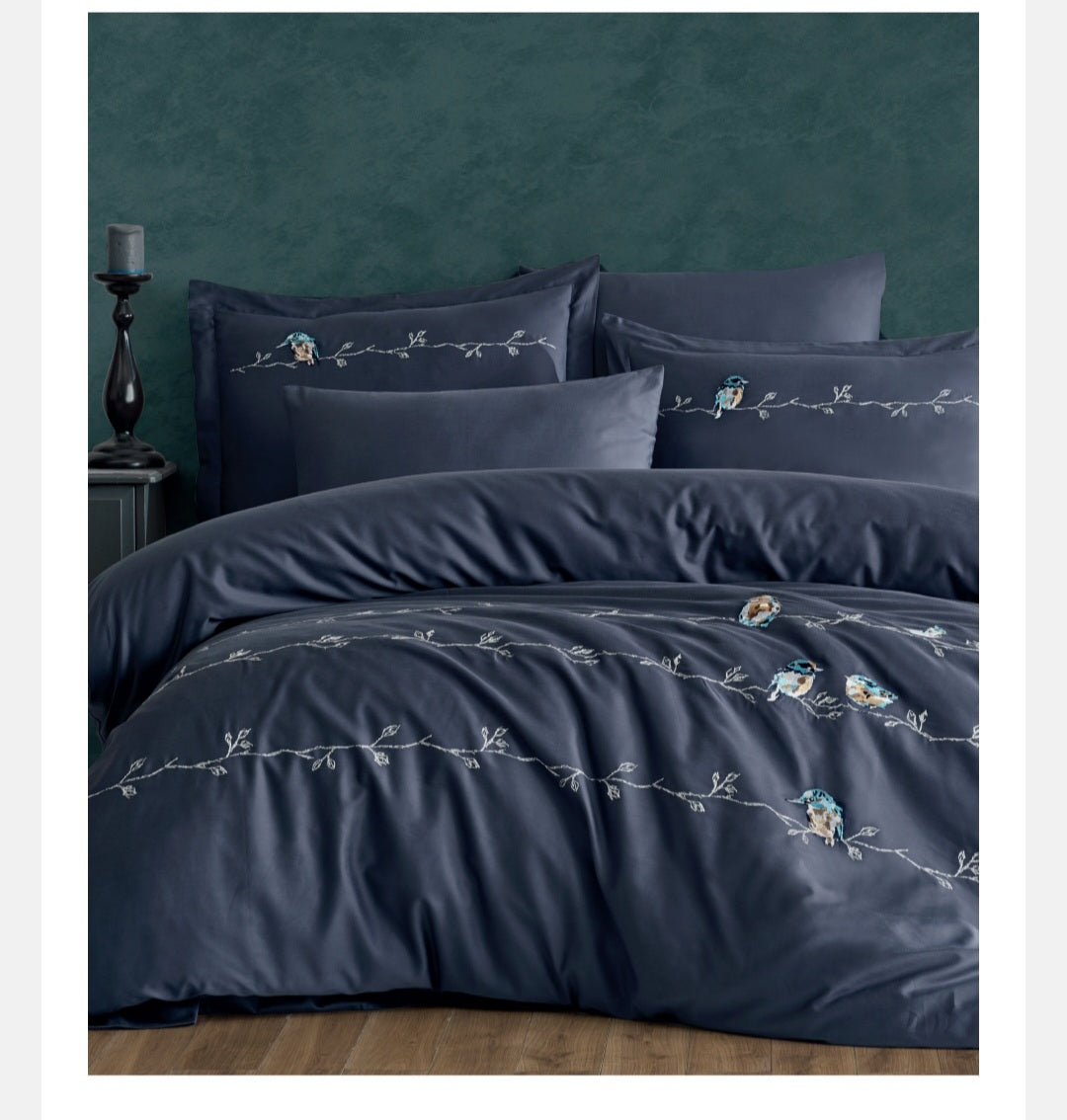 Vogel navy - Cotton Satin Embroidered Duvet Cover Set Double