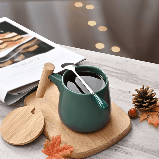 Wood Ceramic Mug with Simple Wooden Handle  390ml (Green Wooden Lid Spoon)