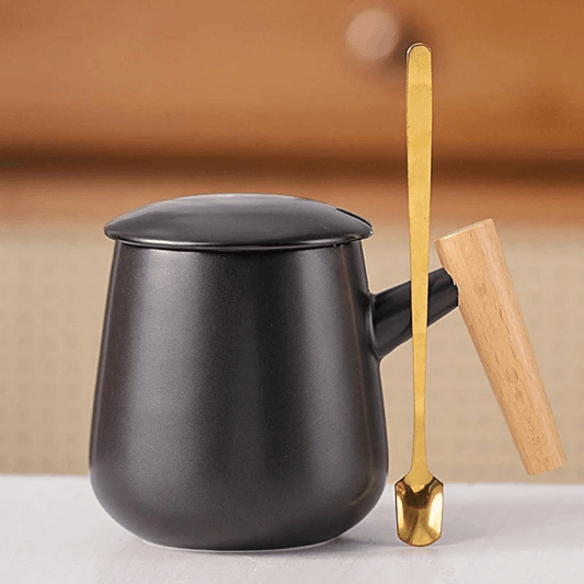 Wood Ceramic Mug with Simple Wooden Handle  390ml (Black Ceramic Cover Spoon)